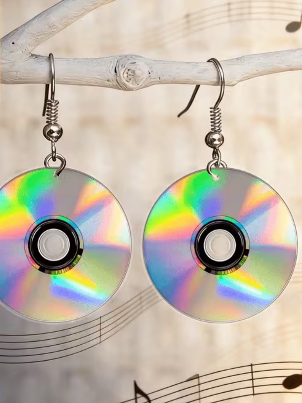 Silvery Holographic CD Disc Dangle Earrings - Retro Music Style